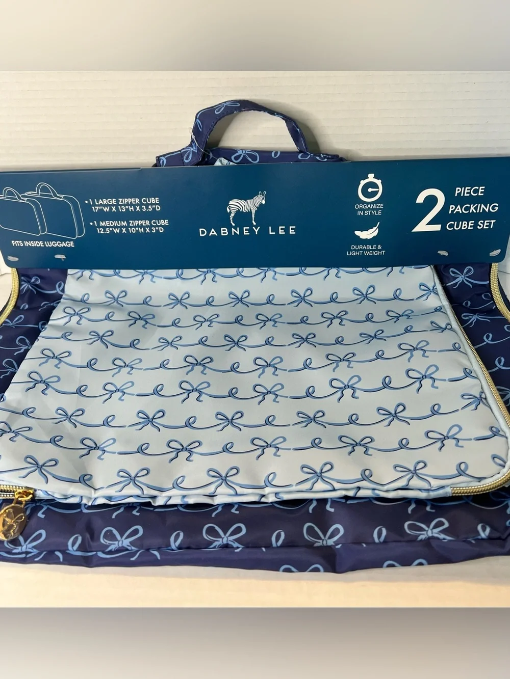 Dabney Lee Navy Light Blue Bow Travel Toiletry Bag Silicone Bottle Set New